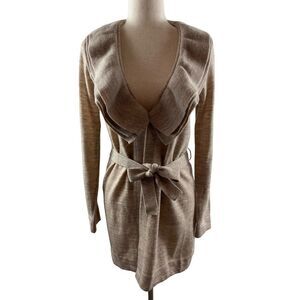 Carole Little Merino Wool Ruffle Shawl Collar Belted Cardigan Sweater Small Tan